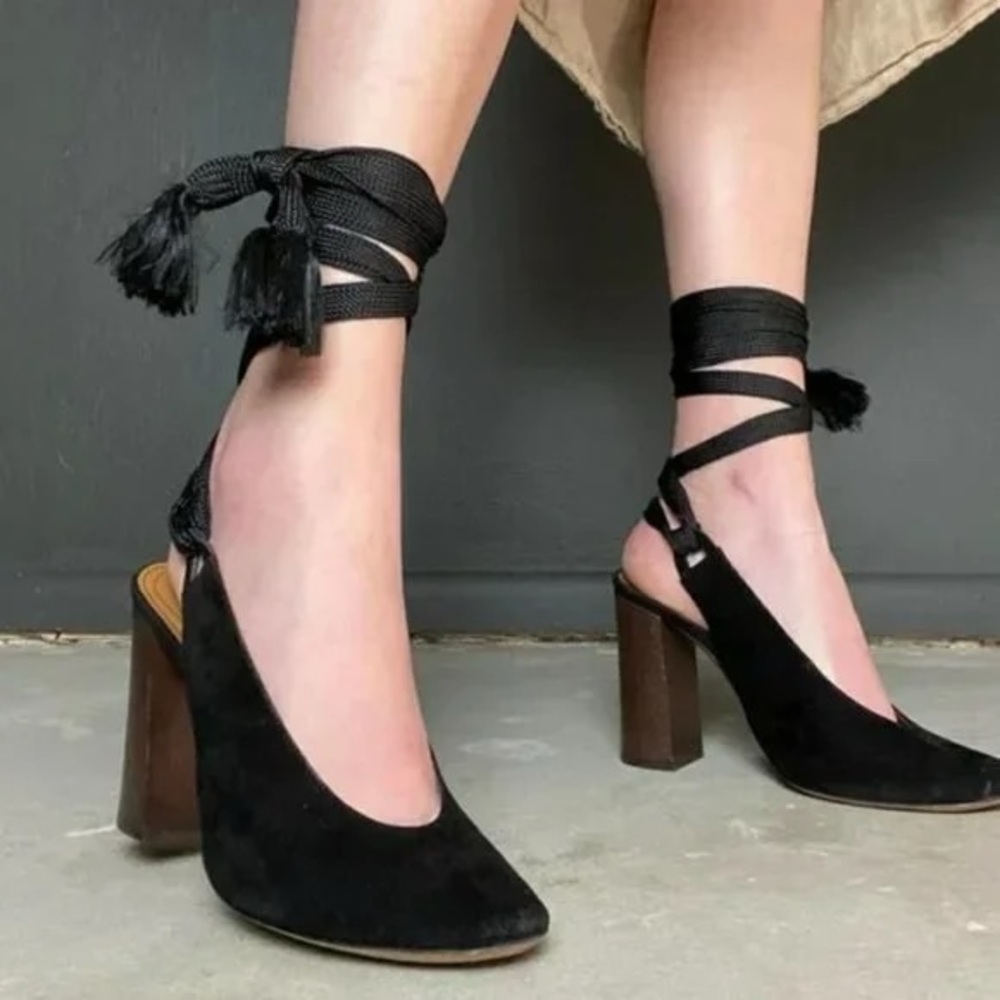 Chloe Black Suede Heels with Ankle Wrap